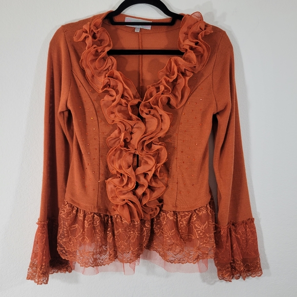 Pretty Angel Sweaters - PRETTY ANGEL terracotta linen blend ruffle collar lace tulle trim cardigan